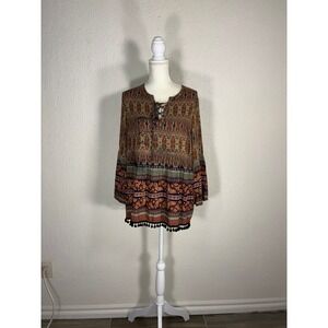 Caleesa Boho Paisley Pom Pom Trim Lace Up Bell Sleeve Tunic Top Large